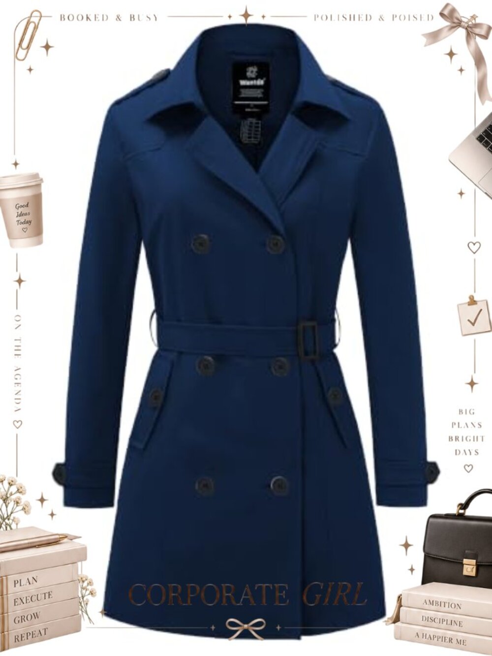 Waterproof Trench Coat Classic Lapel Belted Outerwear